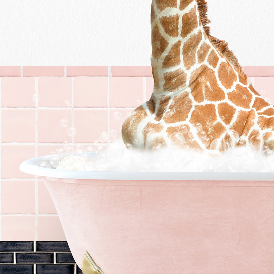 a giraffe sticking its head out of a bathtub