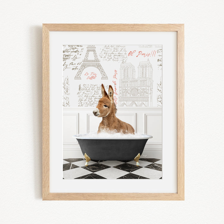 A donkey is sitting in a bathtub filled with water, surrounded by a checkered floor and a Paris-themed background with the Eiffel Tower and other landmarks.