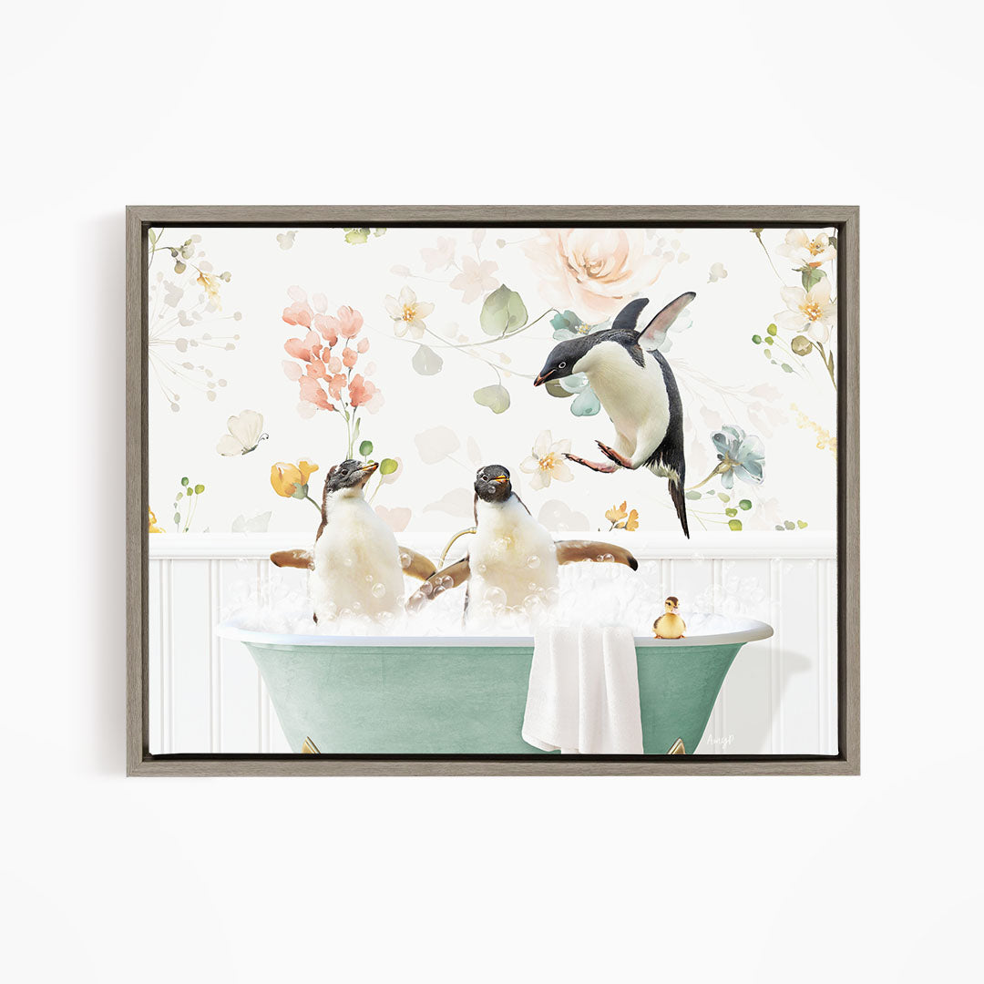 A framed image depicting three penguins sitting in a bathtub, surrounded by flowers and greenery.