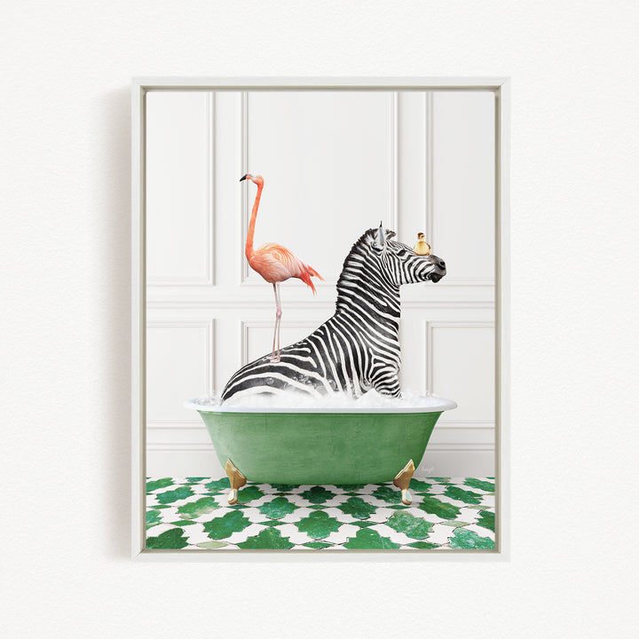 A zebra is sitting in a green bathtub, with a pink flamingo standing on its back.