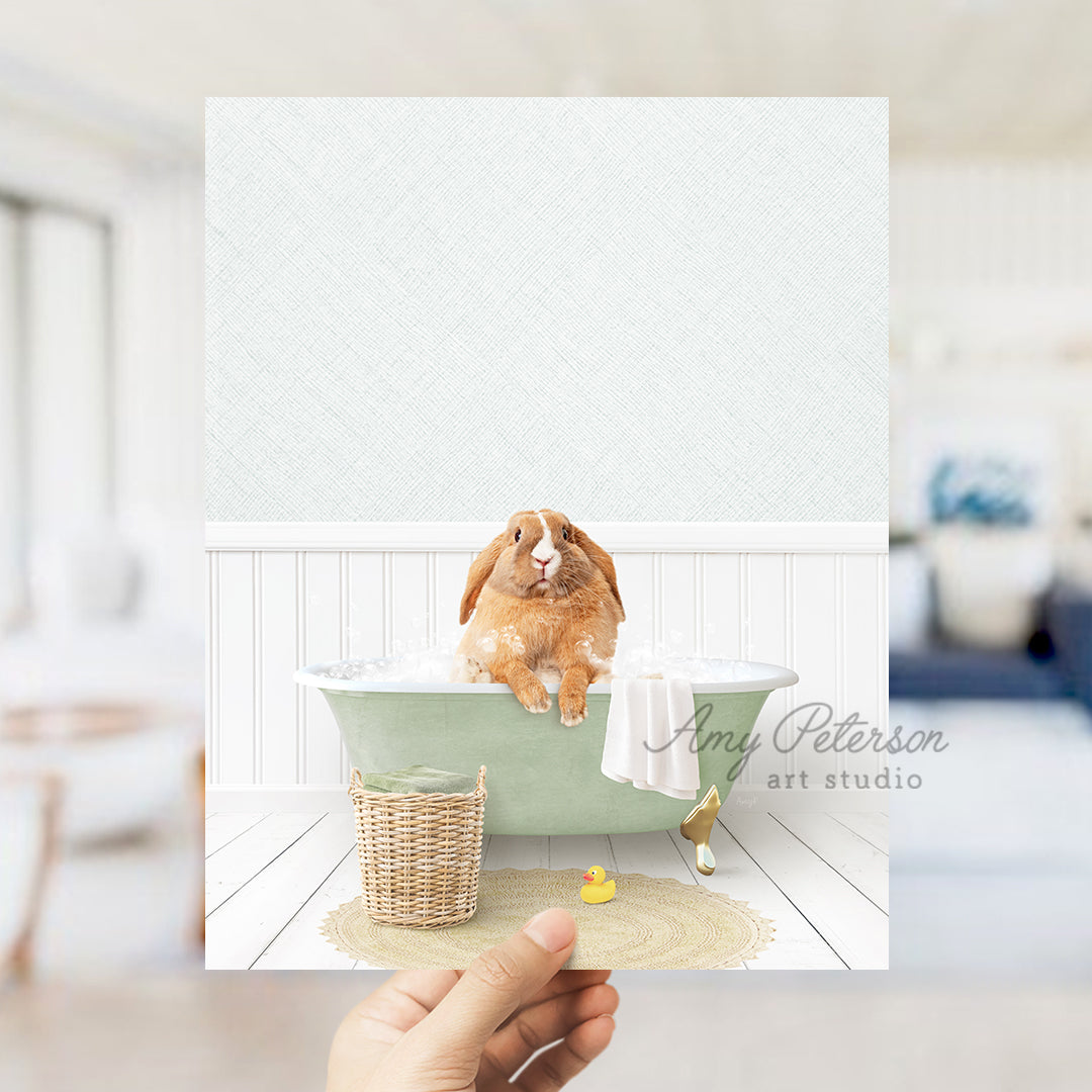 a person holding up a picture of a dog in a bathtub