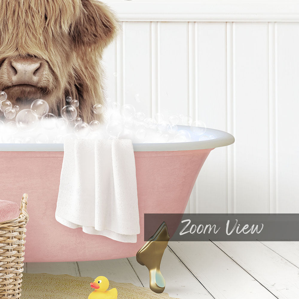 A large, pink bathtub filled with bubbles, with a Highland cow standing inside and enjoying the bath.
