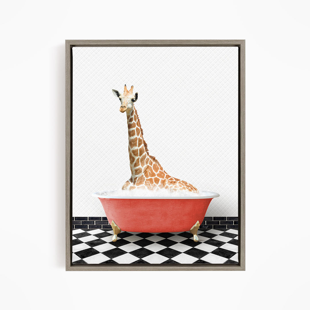 A giraffe sitting in a red bathtub on a black and white checkered floor.