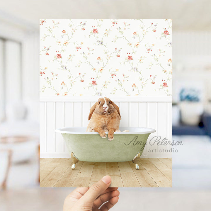 a rabbit sitting in a bathtub in a room