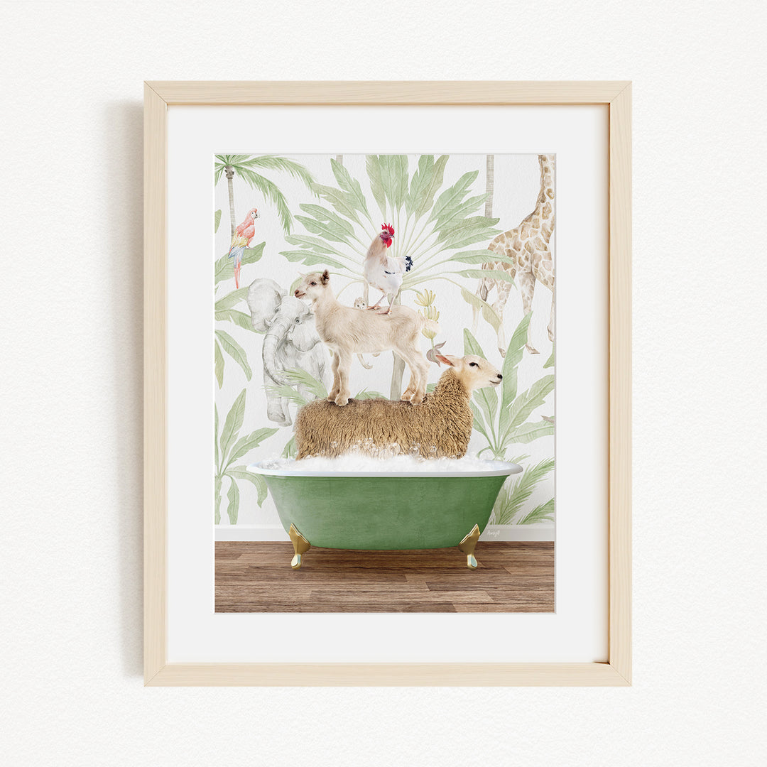 A framed illustration depicting a sheep standing on a green bathtub, surrounded by various animals such as a dog, a cat, and a giraffe, all against a tropical wallpaper background.