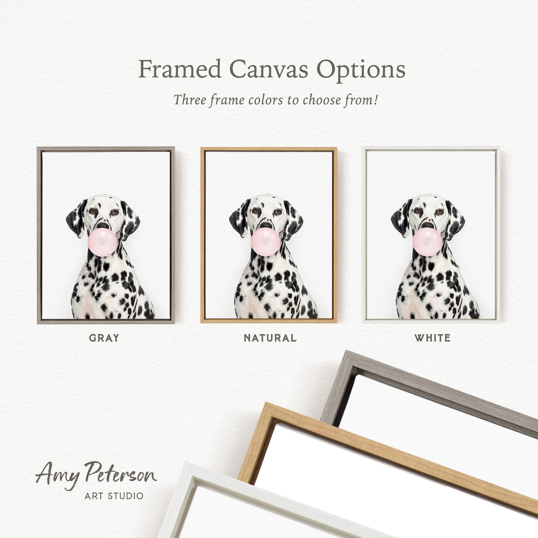 three framed canvas options for a Dalmatian dog, each with a different frame color: gray, natural, and white.