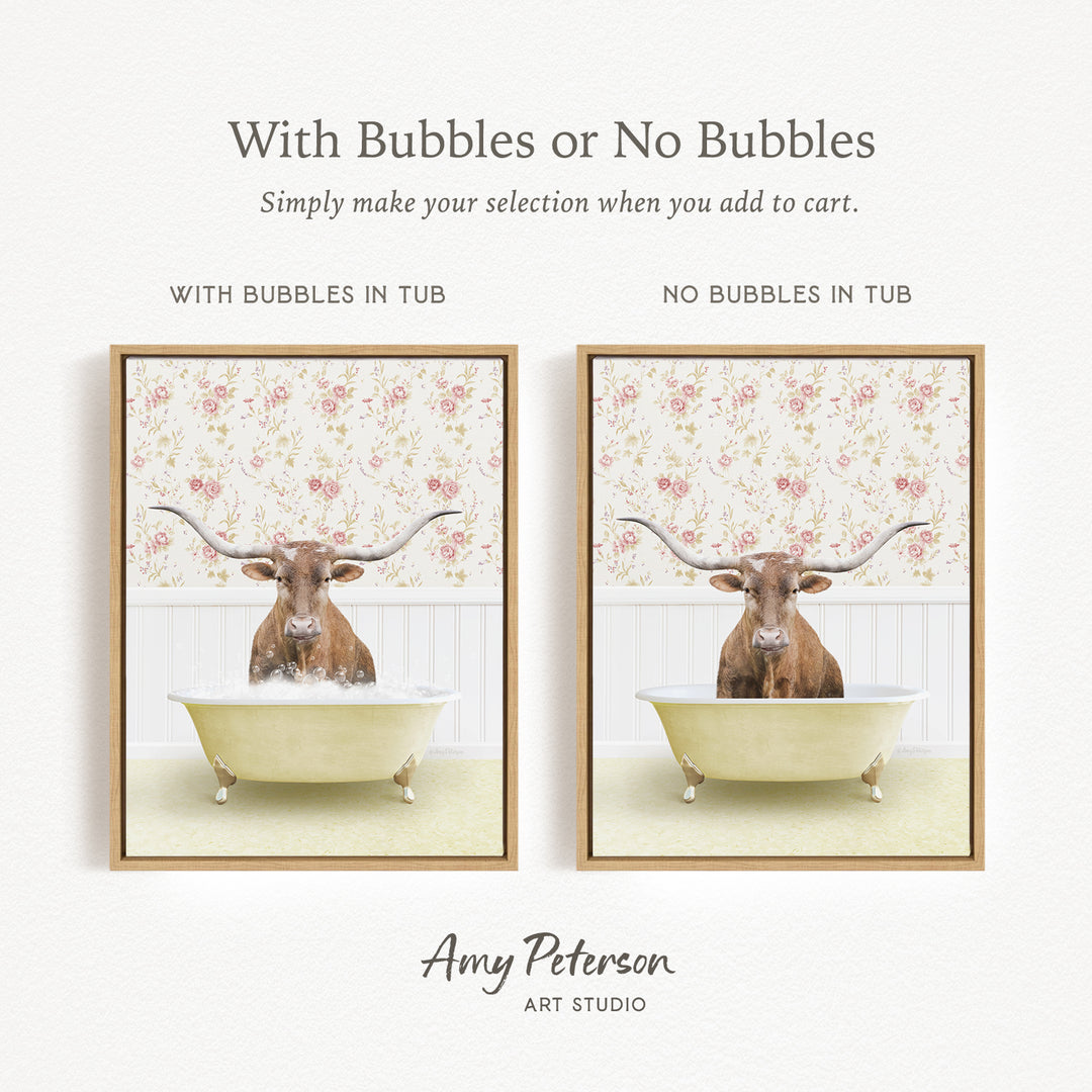 The image is a framed print featuring a bull with horns in a tub, with text providing instructions for selecting whether to include bubbles or not.