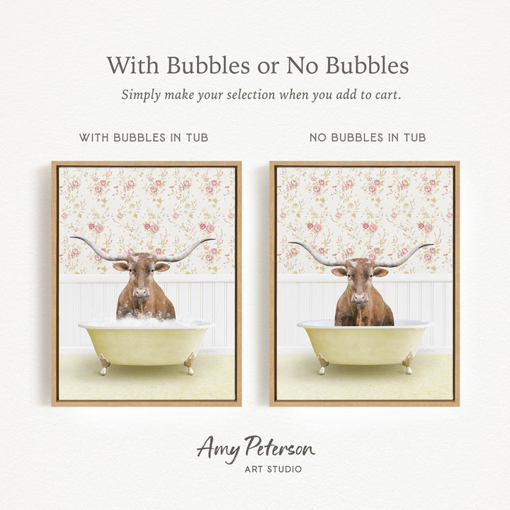 The image is a framed print featuring a bull with horns in a tub, with text providing instructions for selecting whether to include bubbles or not.