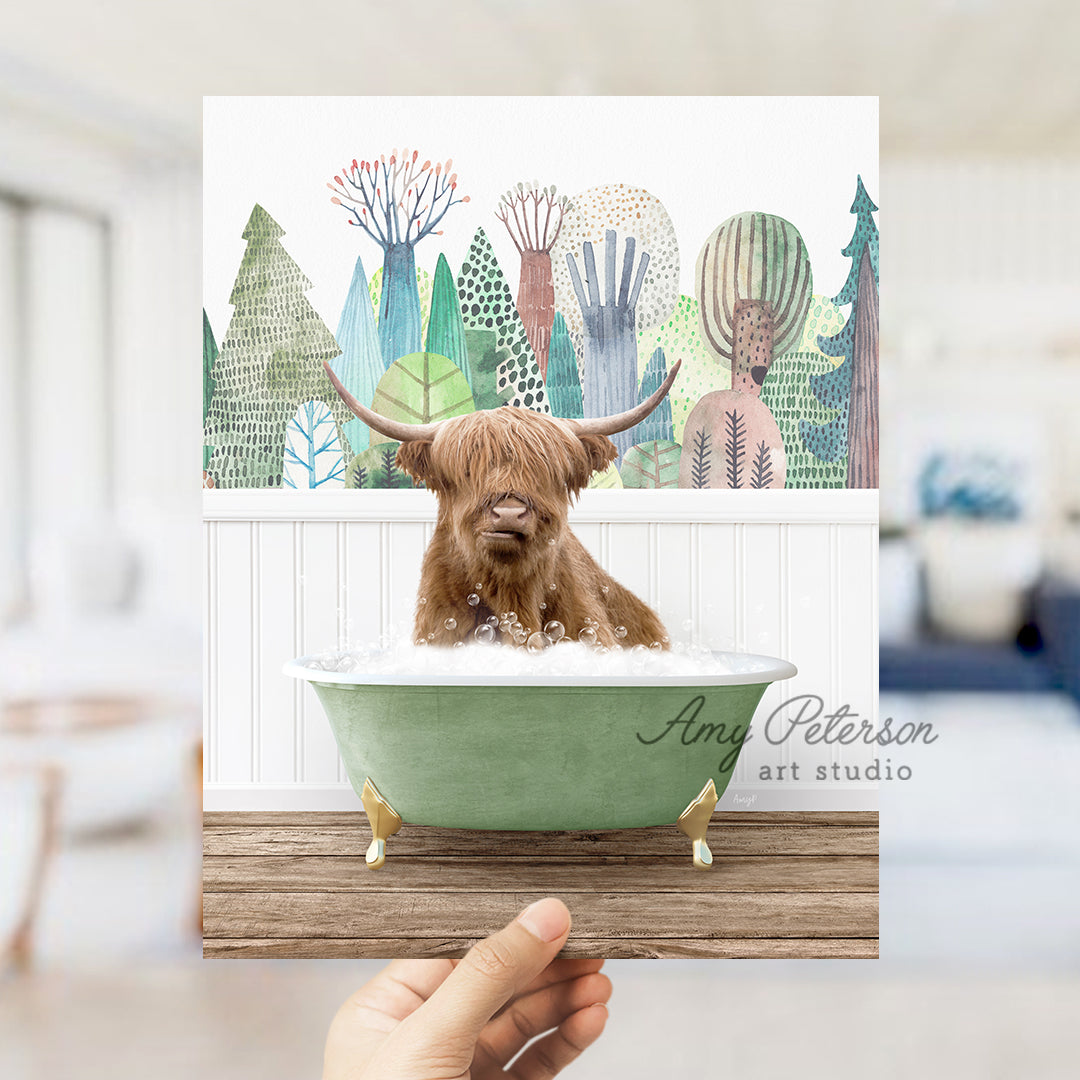 a hand holding up a card with a dog in a bathtub