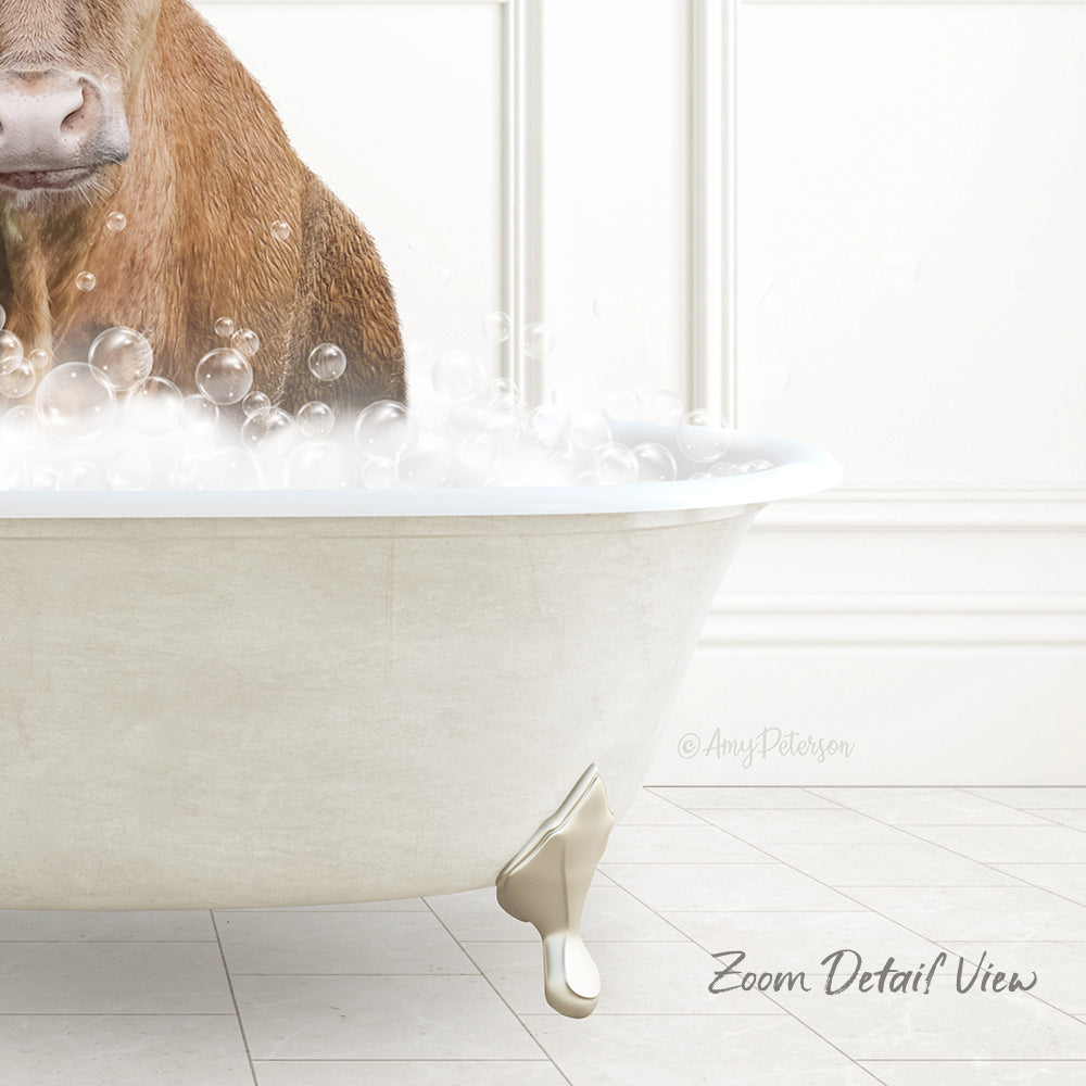 A brown cow standing in a white bathtub filled with bubbles, with the text "Zoom Detail View" at the bottom of the image.