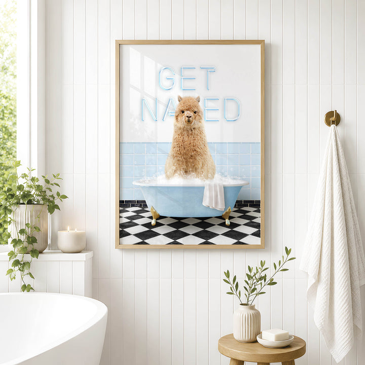 a framed picture of a dog sitting in a bathtub, with the text "GET NAKED" displayed above it.