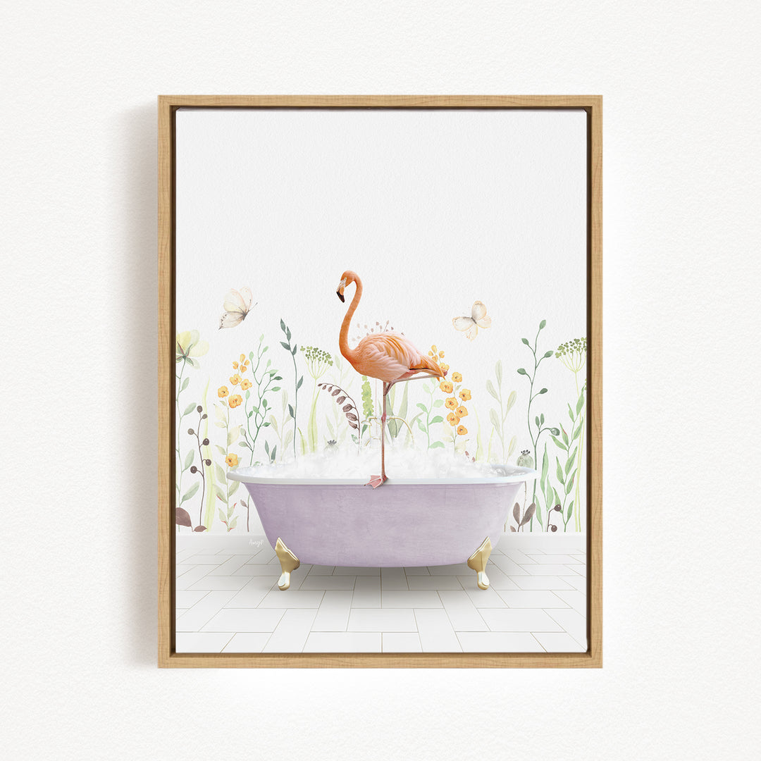 A pink flamingo standing on a purple bathtub filled with bubbles, surrounded by a floral background.