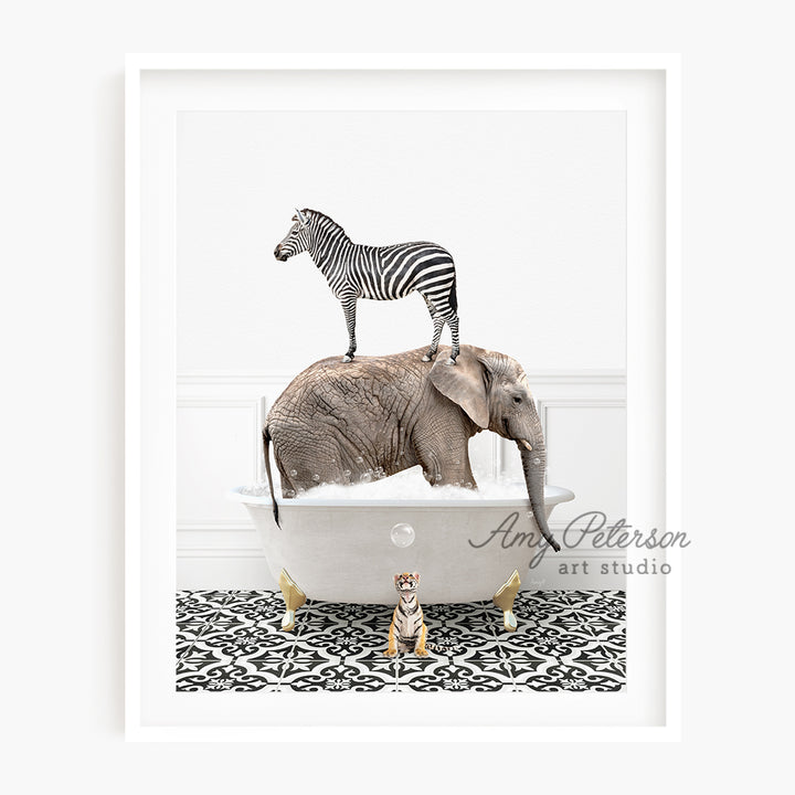 a zebra standing on top of an elephant in a bathtub