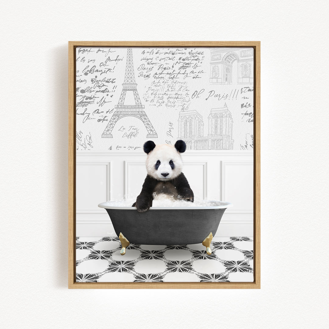 A panda bear sitting in a bathtub, surrounded by a black and white patterned floor and a wall with the Eiffel Tower and other Parisian landmarks.