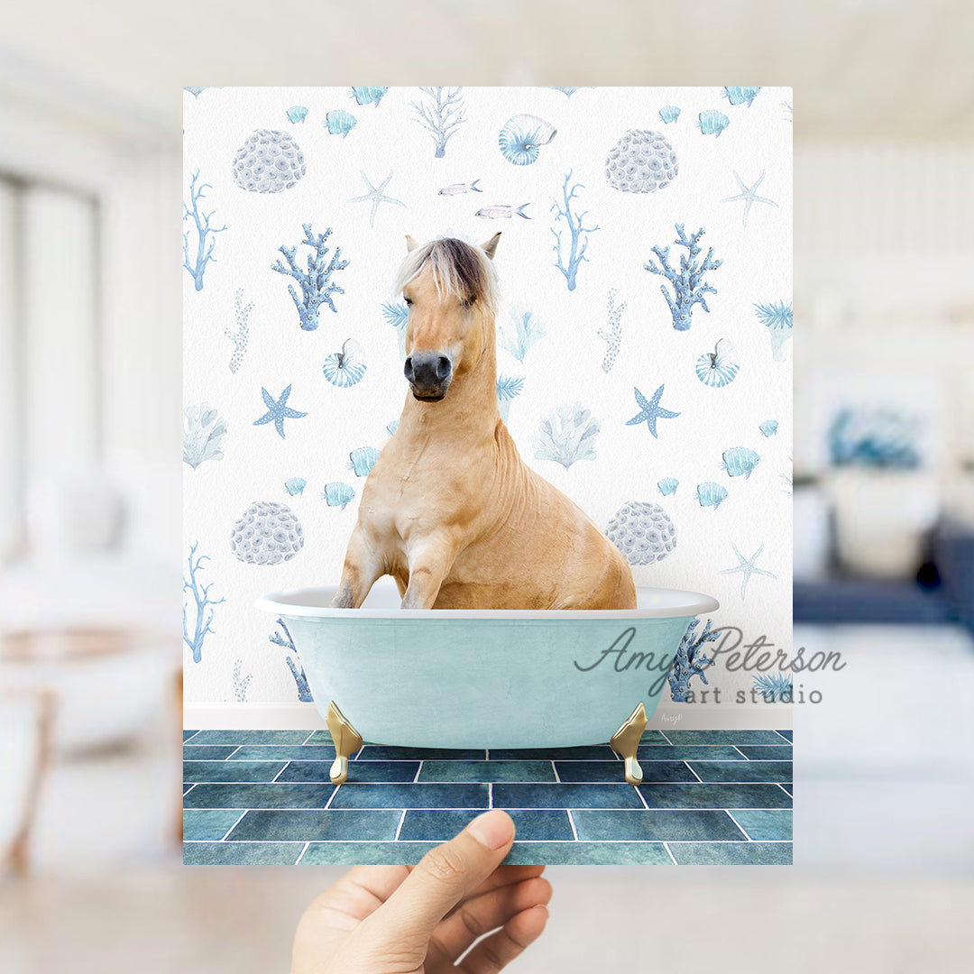 a person holding up a card with a horse in a bathtub