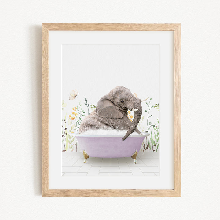 A gray elephant is sitting in a purple bathtub filled with bubbles, surrounded by flowers and butterflies.