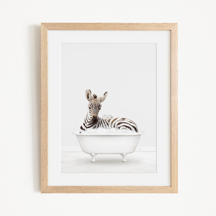 A zebra is sitting in a white bathtub, surrounded by a white background.