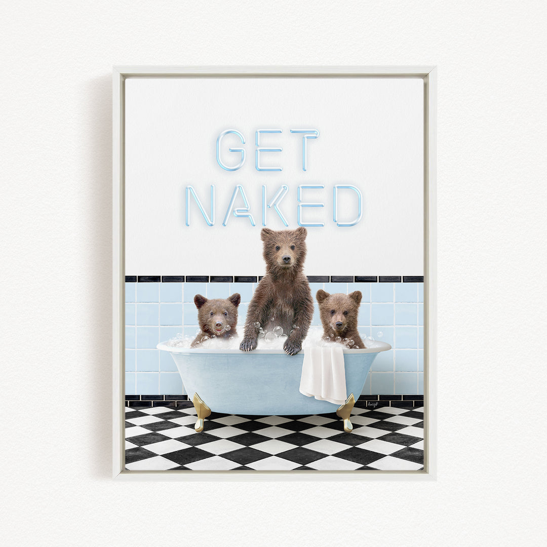 A framed image depicting three bears sitting in a bathtub, with the text "GET NAKED" displayed above them.