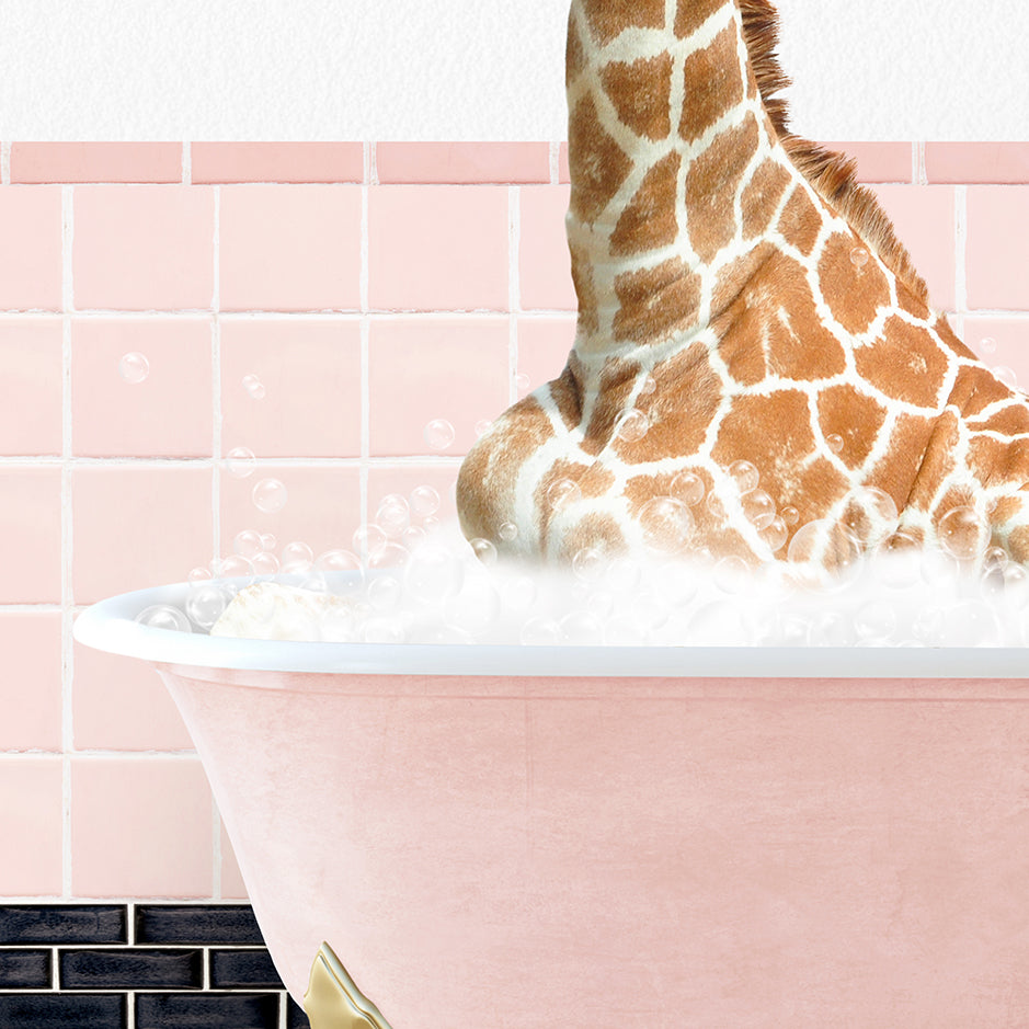 a giraffe sticking its head out of a bathtub