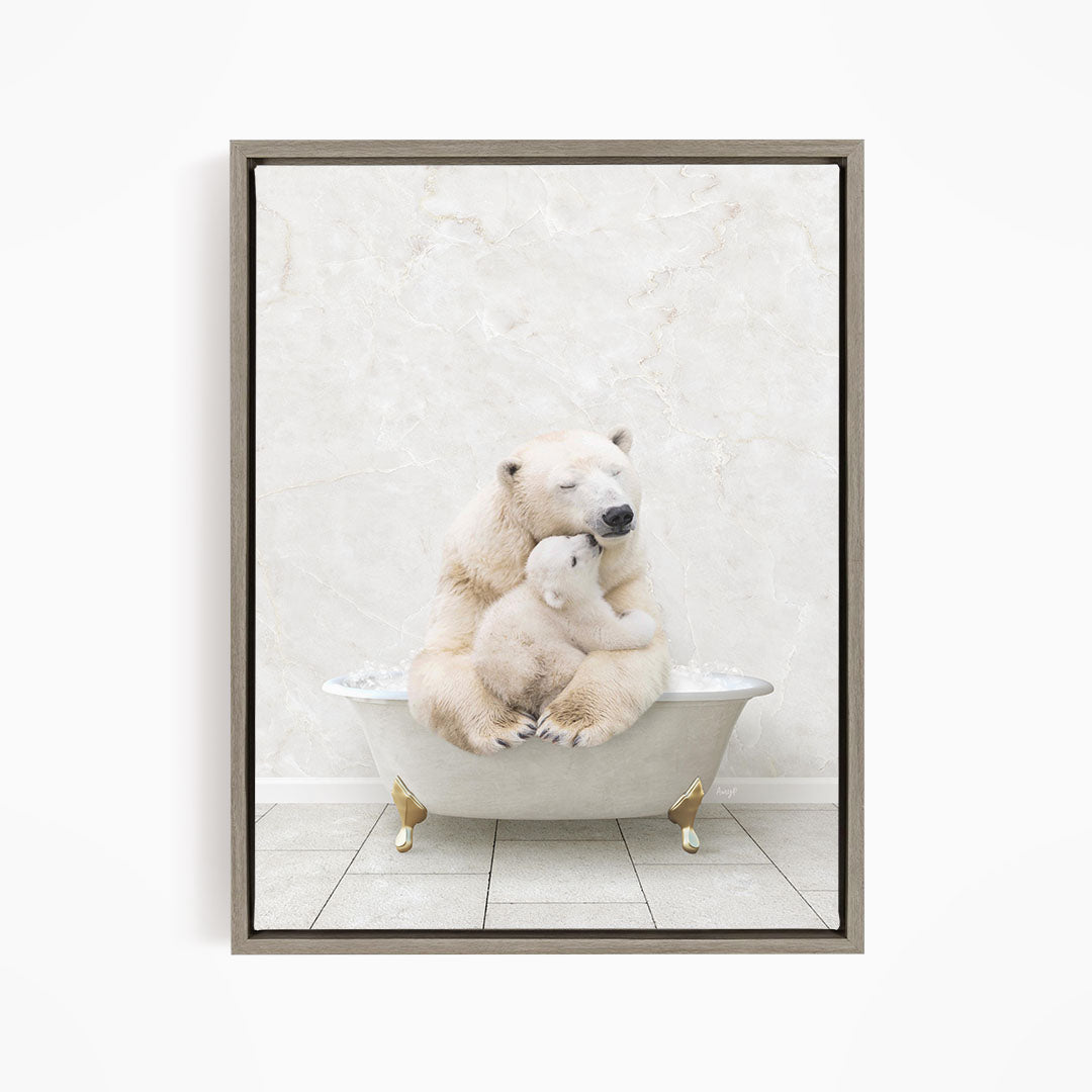 A mother polar bear and her cub cuddling in a white bathtub against a white marble wall.