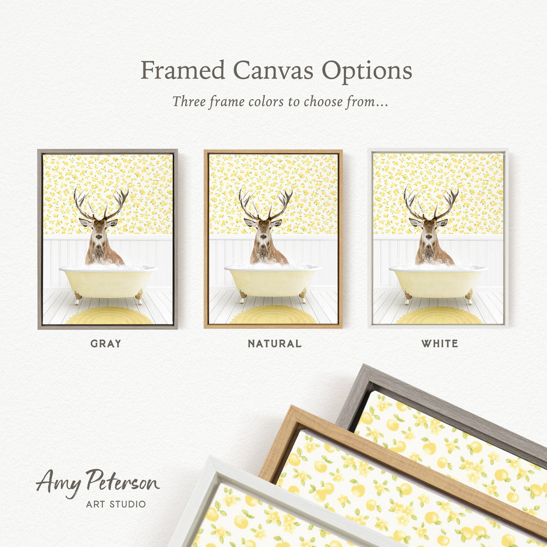 The image is a framed canvas option showcasing three different framed pictures of a deer in a bathtub, each with a different frame color: gray, natural, and white.