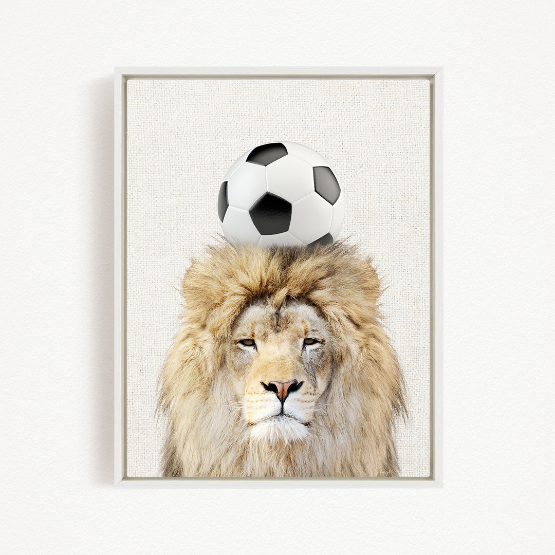 A framed image of a lion with a soccer ball on its head.