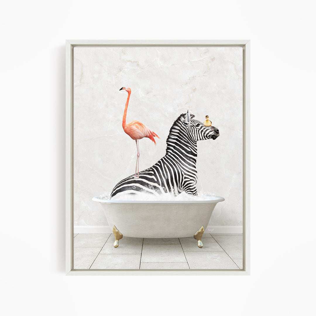 A zebra is sitting in a bathtub, with a flamingo standing on its back and a bird perched on its head.