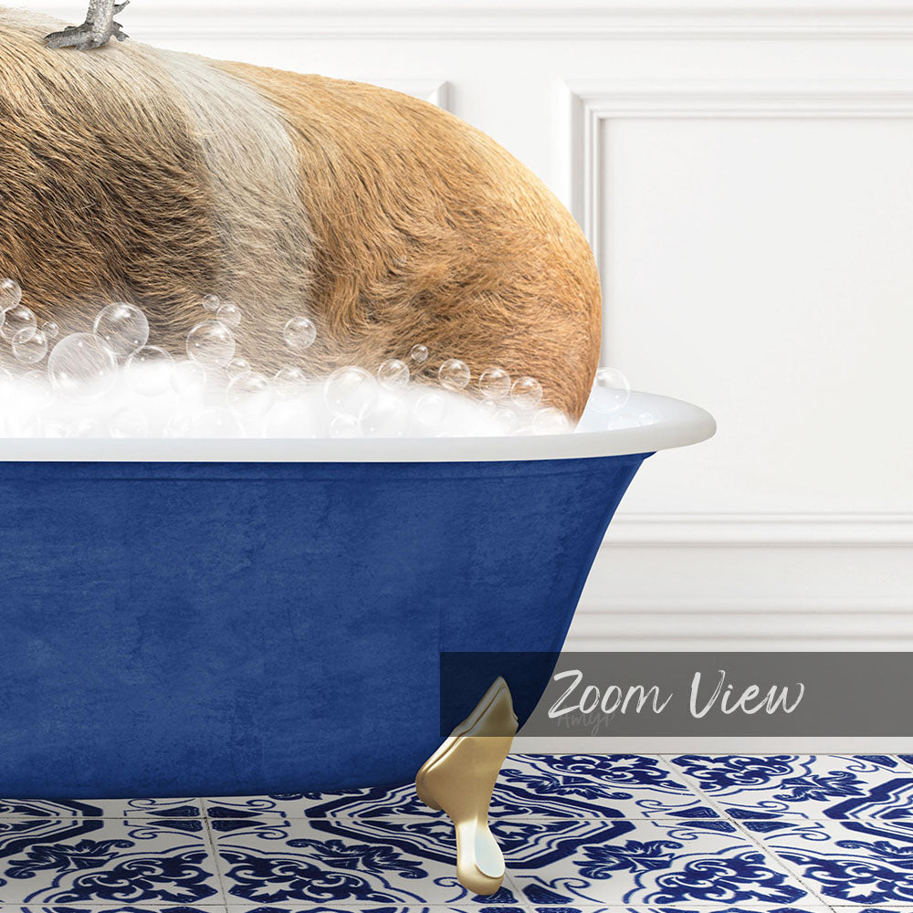 A dog is sitting in a blue bathtub filled with bubbles, enjoying a relaxing bath.