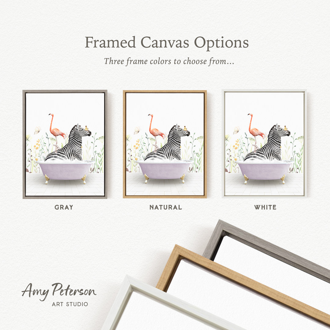three framed canvas options featuring a zebra sitting in a bathtub with flamingos and flowers. The options include a gray frame, a natural frame, and a white frame.