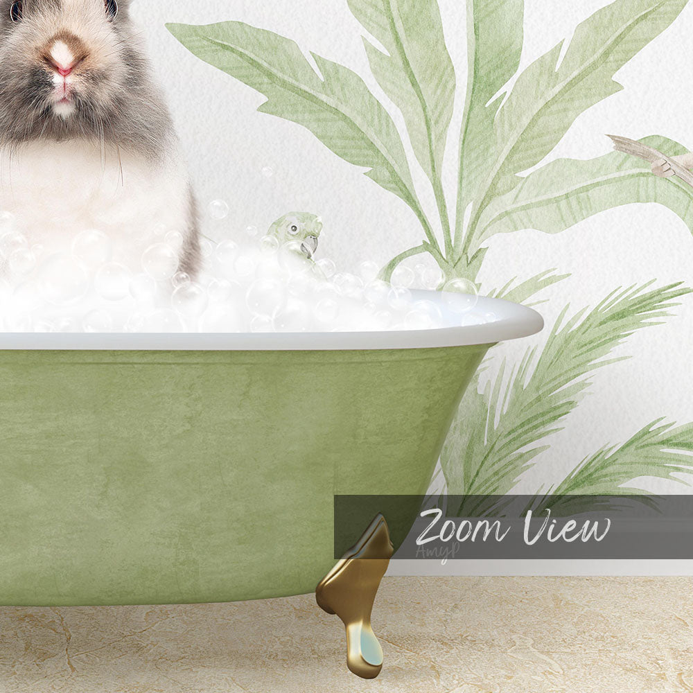 A small rabbit sitting in a green bathtub filled with bubbles, with a palm tree and bird in the background.