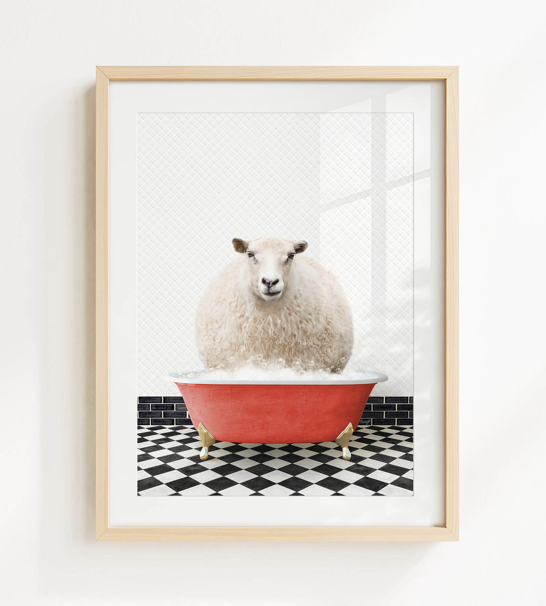 A fluffy white sheep sits in a red bathtub on a black and white checkered floor, looking directly at the camera.
