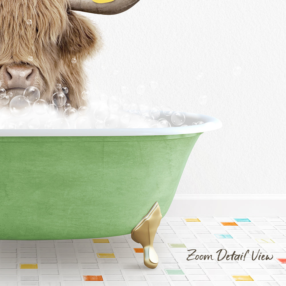 A large, green bathtub filled with bubbles, with a cow's head submerged in the water.