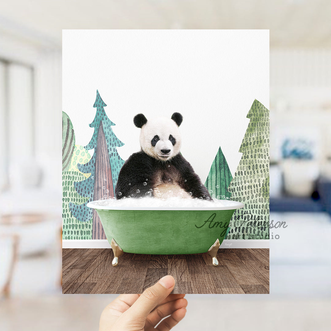 a panda bear sitting in a green bath tub