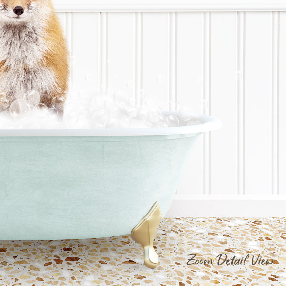 A small dog is sitting in a light blue bathtub filled with bubbles, with a white tiled floor and a white wall in the background.