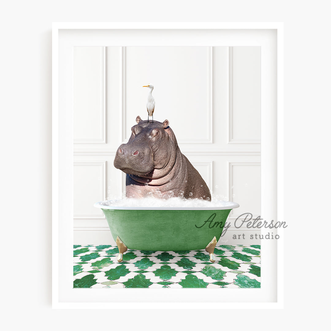 a hippo in a bathtub with a bird on top of it