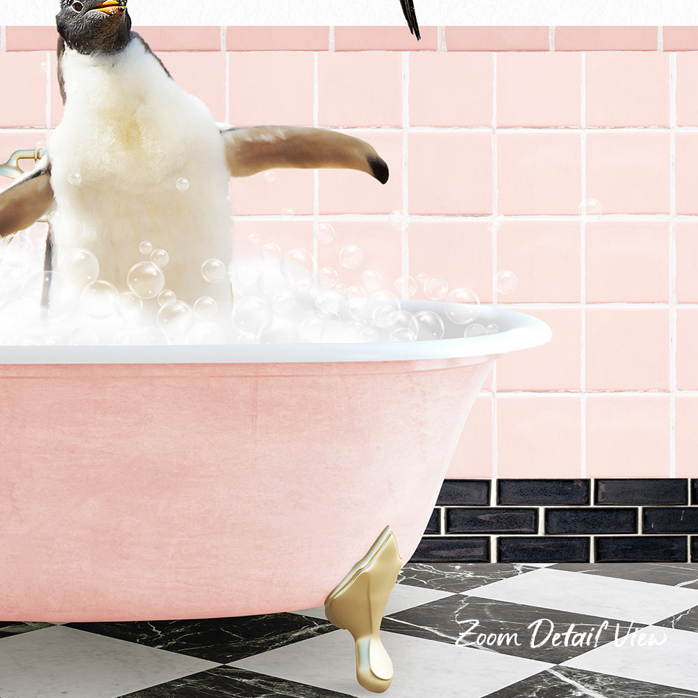 A penguin standing in a pink bathtub filled with bubbles, with a pink tiled wall in the background.