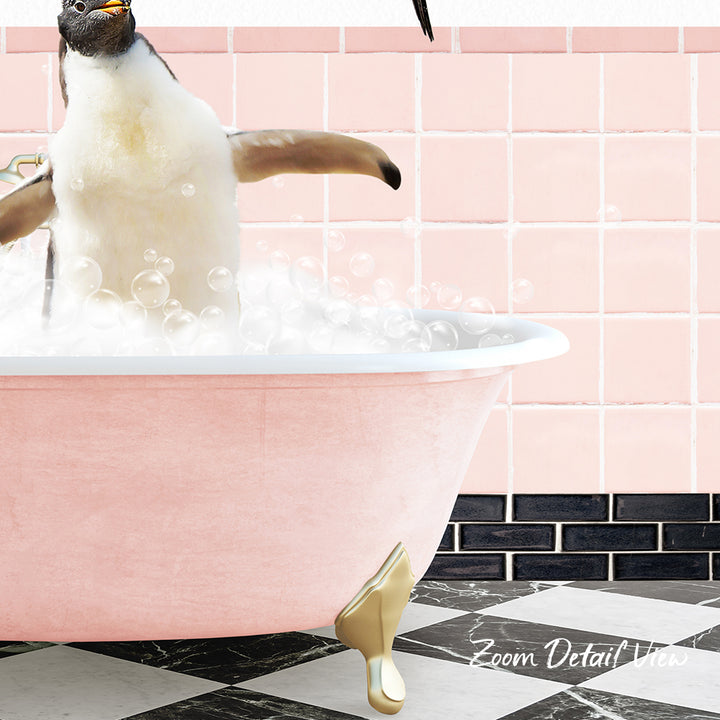 A penguin standing in a pink bathtub filled with bubbles, with a pink tiled wall in the background.
