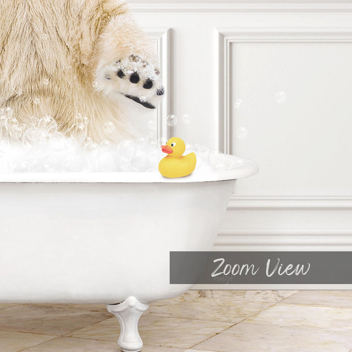 A polar bear is standing in a bathtub filled with bubbles, with a rubber duck floating nearby.