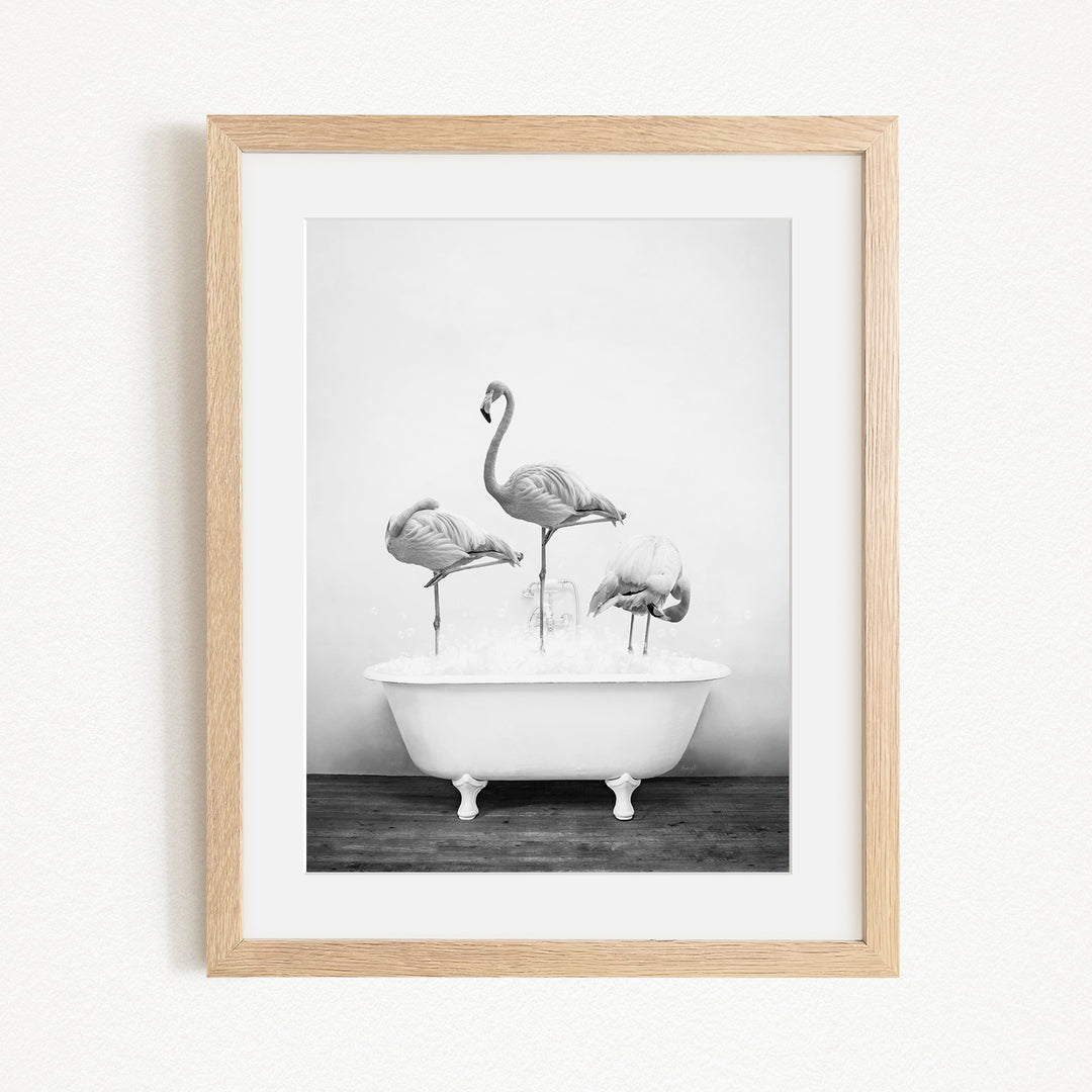 A framed black and white photograph depicting three flamingos standing in a white bathtub filled with water.