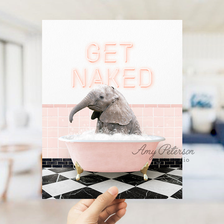 a person holding up a card with an elephant in a bathtub