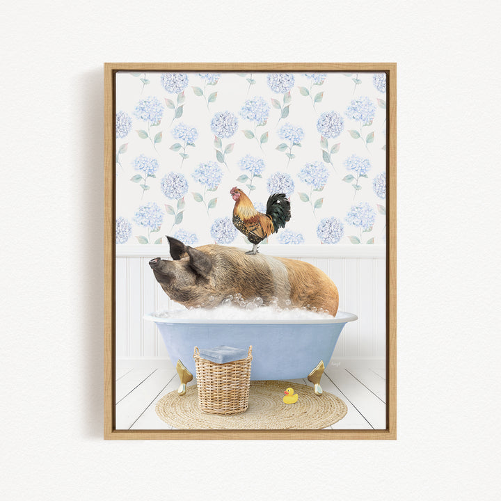 A pig is sitting in a bathtub filled with water, with a rooster perched on its back. The scene is set against a backdrop of blue hydrangea flowers.