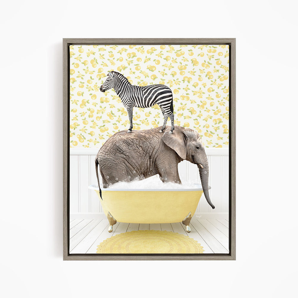 A zebra standing on the back of an elephant, both in a yellow bathtub, against a yellow and white floral background.