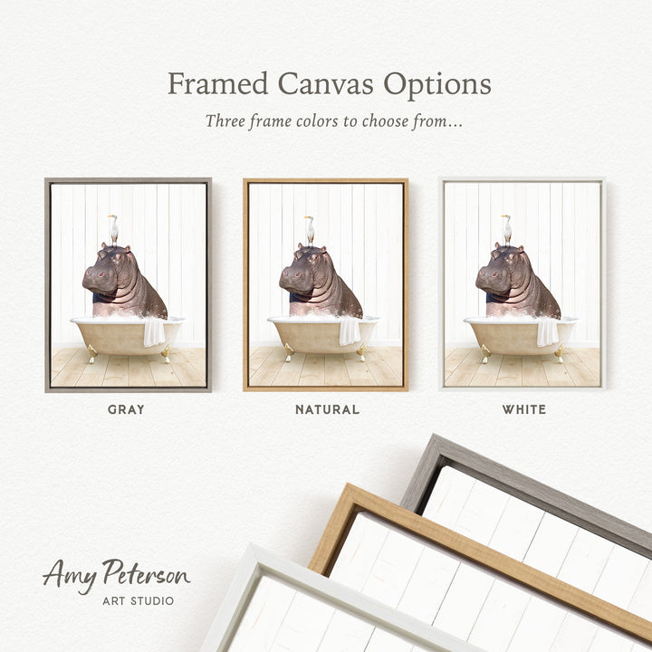 The image is a framed canvas option showcasing three different frame colors: gray, natural, and white. The image features a hippopotamus sitting in a bathtub, with each frame displaying the same image but with a different color frame.