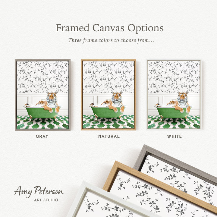 The image is a framed canvas option showcasing three different framed canvas options for a tiger sitting in a bathtub. The options include a gray frame, a natural frame, and a white frame.