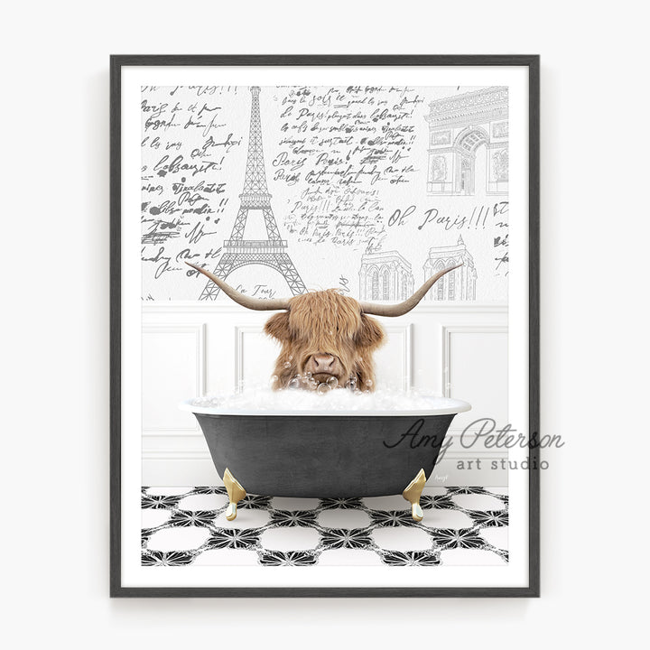 a picture of a cow in a bathtub with the eiffel tower in