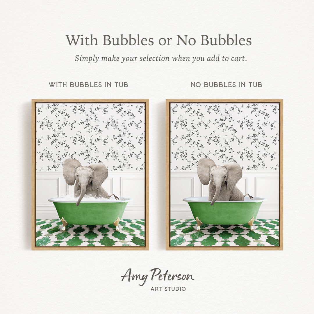 The image is a collage of two pictures featuring an elephant sitting in a green bathtub. The text above the images reads "With Bubbles or No Bubbles" and below the images, it says "Simply make your selection when you add to cart."