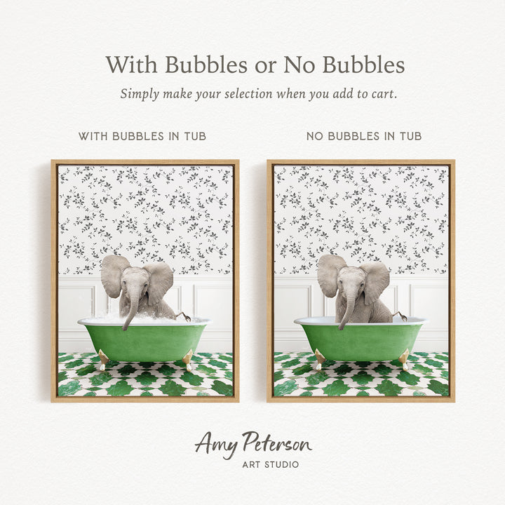 The image is a collage of two pictures featuring an elephant sitting in a green bathtub. The text above the images reads "With Bubbles or No Bubbles" and below the images, it says "Simply make your selection when you add to cart."
