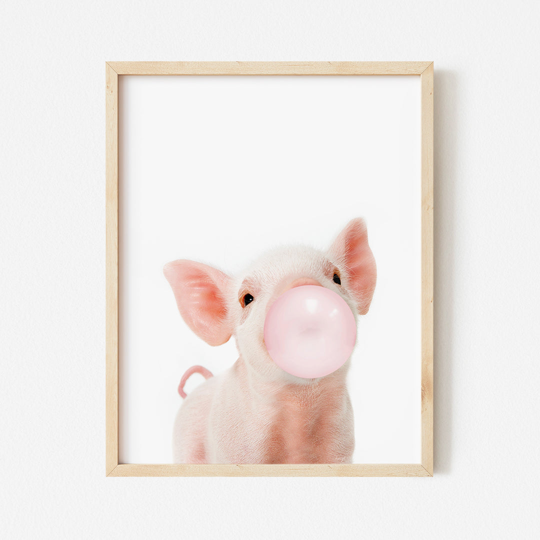 a pig blowing a bubble with a white background