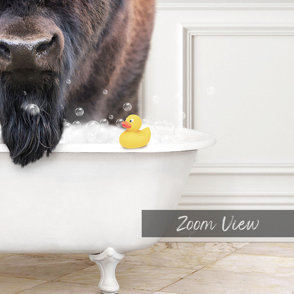 A close-up of a dog's face peeking over the edge of a white bathtub, with a yellow rubber duck floating in the water.