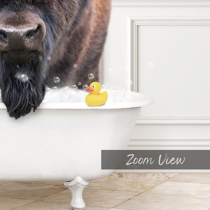 A close-up of a dog's face peeking over the edge of a white bathtub, with a yellow rubber duck floating in the water.